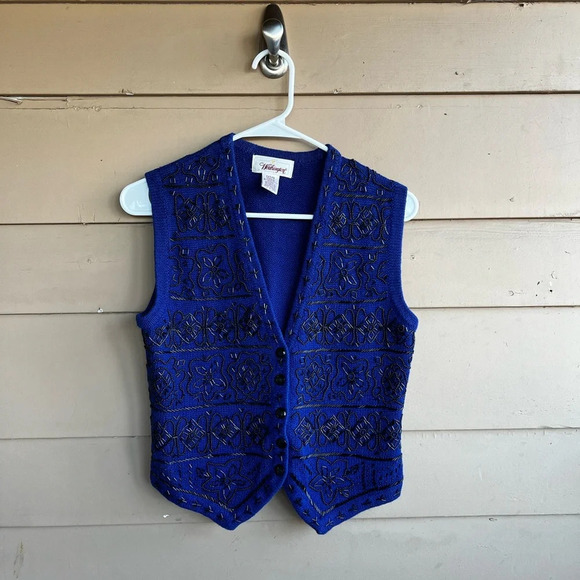 Vintage Worthington Beaded Blue Button Up Vest - Size Small P - Picture 1 of 5